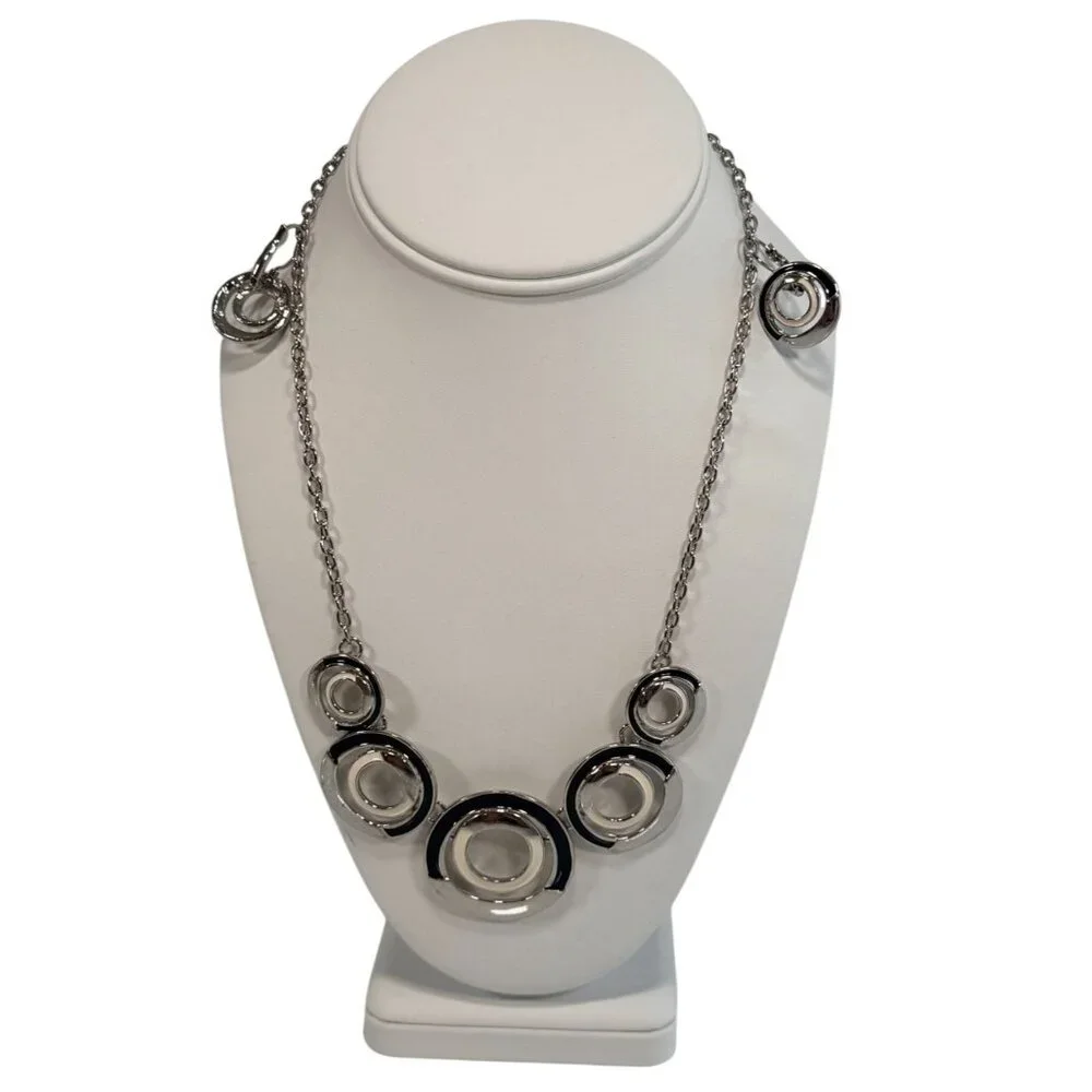 Vintage Silver Tone Geometric Circle Enamel Statement Bib Necklace & Earring Set - Picture 4 of 8
